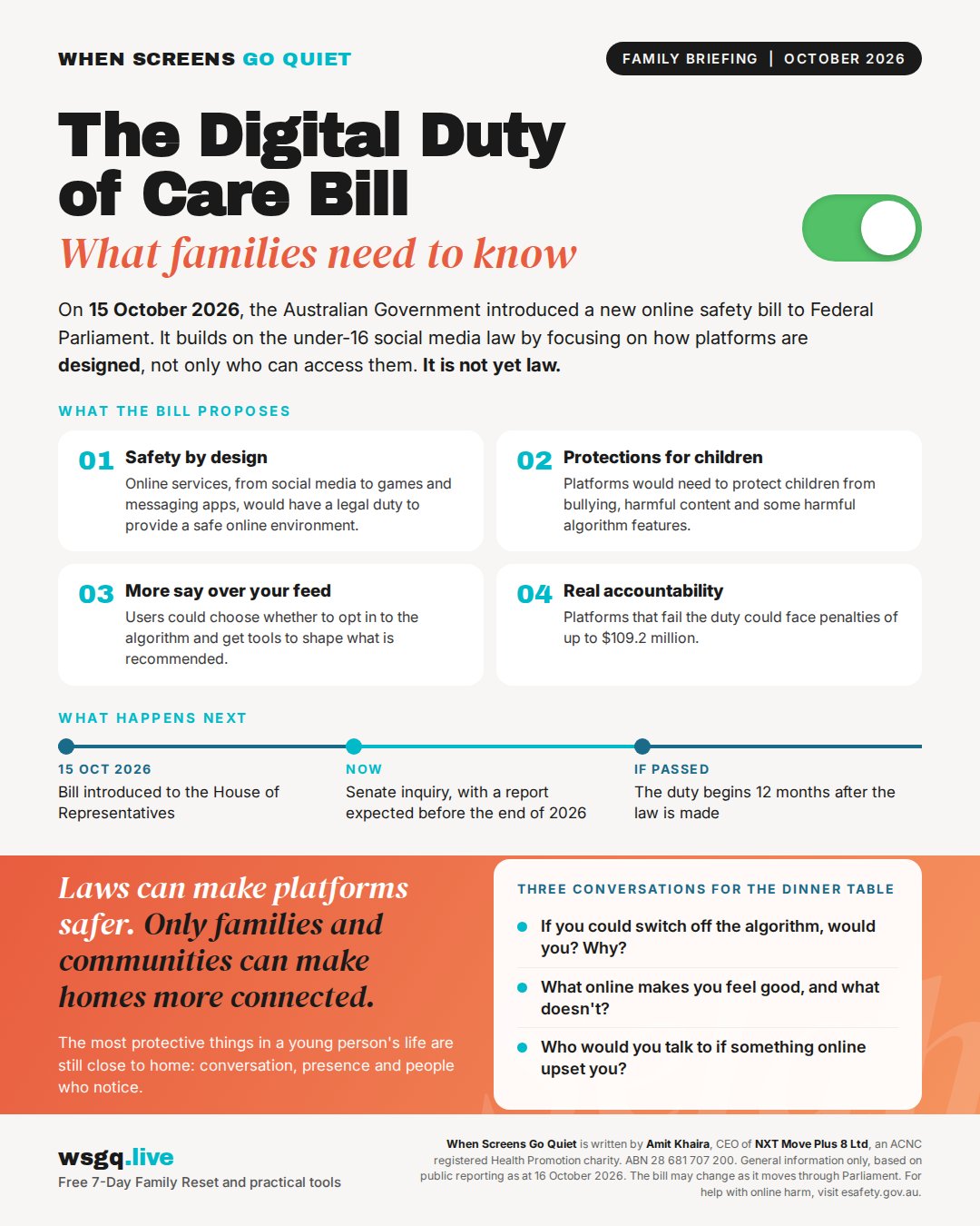 When Screens Go Quiet family briefing titled The Digital Duty of Care Bill: What families need to know. It summarises what the bill proposes, what happens next, and three conversation starters for the dinner table.